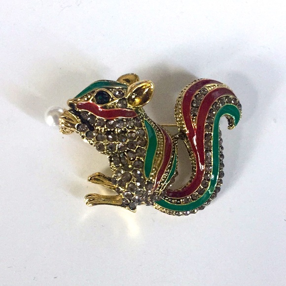 🍏50% OFF/3+...Rhinestone Squirrel/Chipmunk Brooch/Pendant (Brown/Green) - Picture 5 of 12